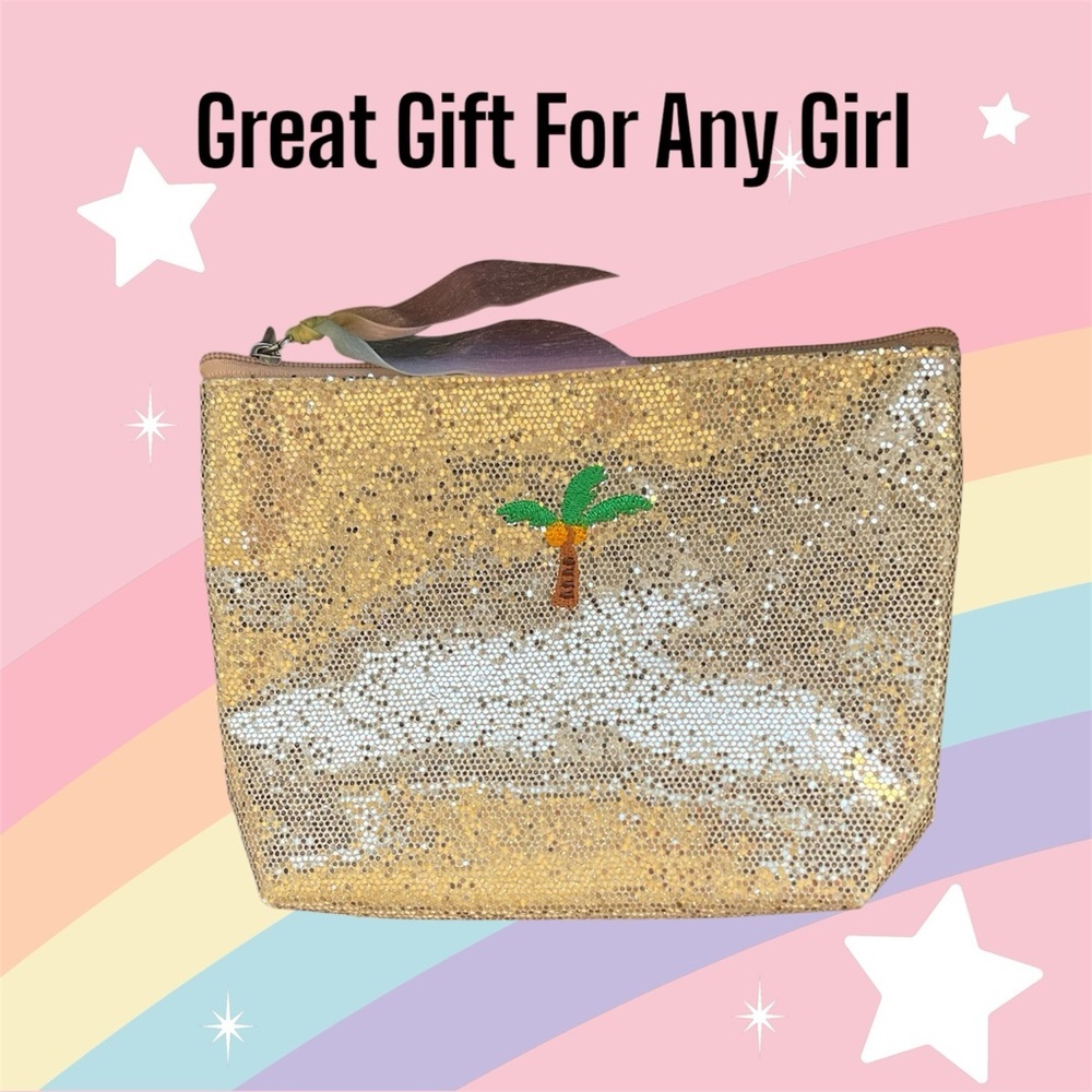 ‼️NEW‼️ 🌴 GOLD SEQUIN PALM TREE MAKE UP BAG-NEW🌴